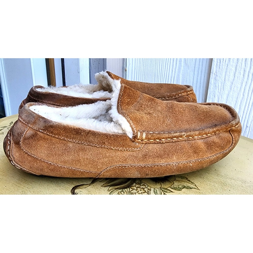 UGG Mens US 8 Ascot Moccasin Moc Slippers Suede‎ Shearling Lined Wool Tan Brown